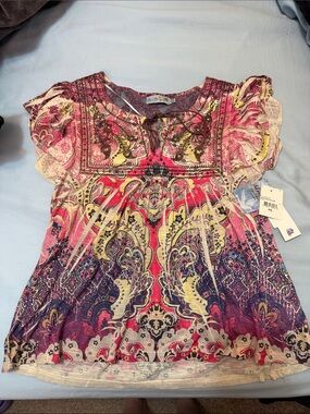 Unity World Wear Pink Yellow Purple Paisley Ruffle Sleeve Top